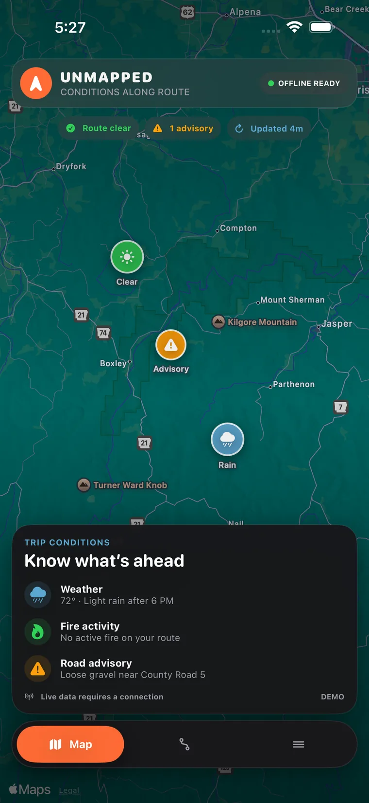 Unmapped trip conditions along a route: weather, fire activity and a road advisory