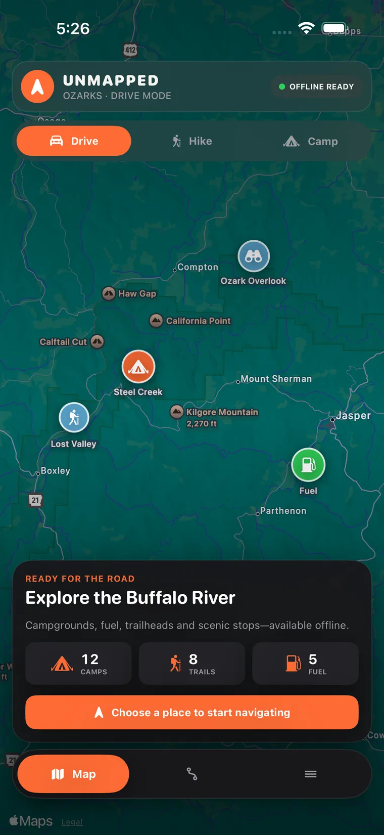 Unmapped Drive mode showing nearby campgrounds, trailheads and fuel stops on an offline map of the Buffalo River area