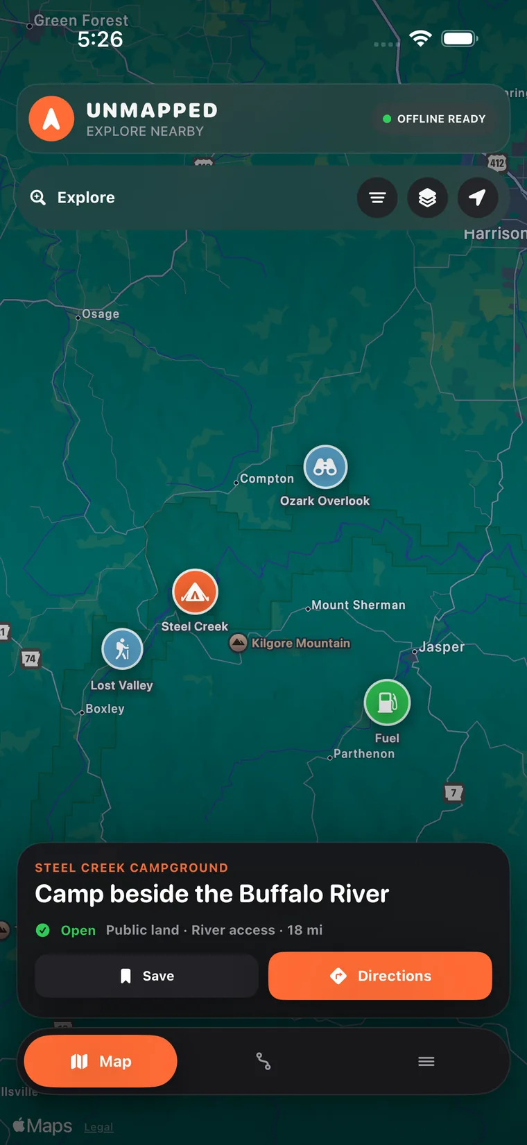 Unmapped Explore view with Steel Creek Campground selected, showing public land, river access and directions