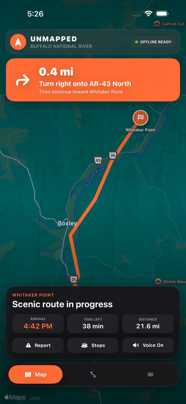 Unmapped turn-by-turn navigation with the Offline Ready badge, route to Whitaker Point, arrival time and distance