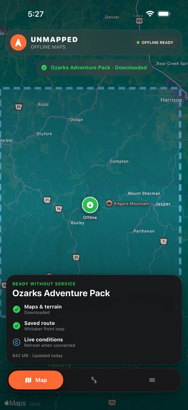 Unmapped Ozarks Adventure Pack downloaded for offline use, with maps, terrain and a saved route