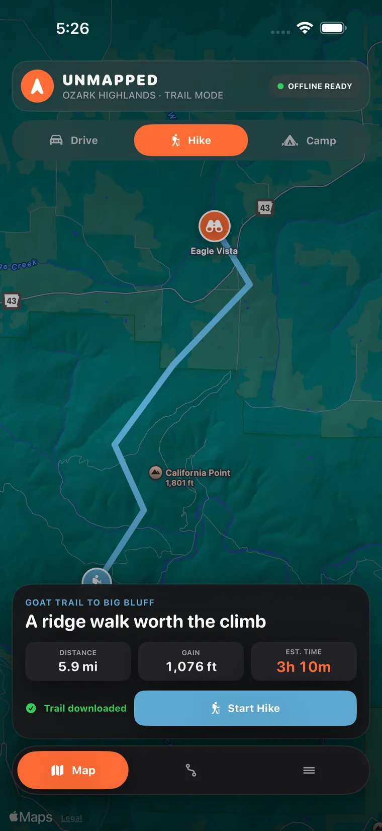 Unmapped Hike mode showing the Goat Trail to Big Bluff route with distance, elevation gain and estimated time
